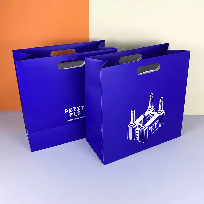 Custom Blue Tote Sopping Bags Bulk for Paper Packaging with Cut Handle